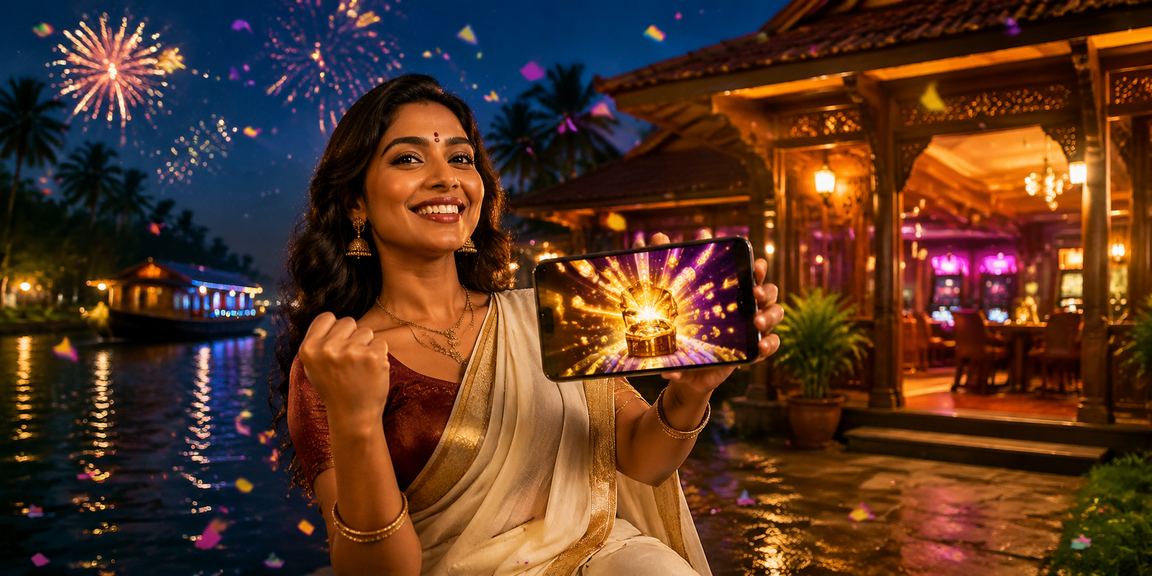 Mobile user enjoying rummy game on a Kerala riverside